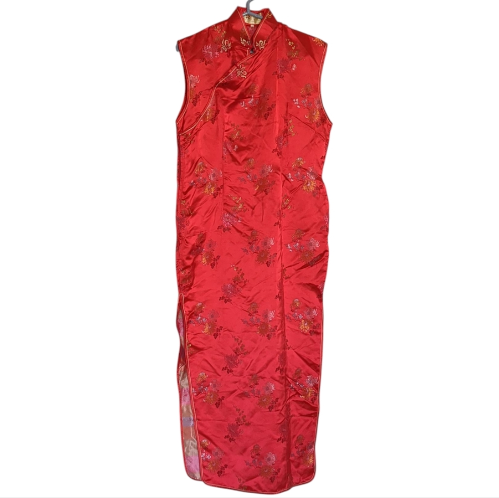 Vintage 1950s Bauhinia Red Satin Embroidered Cheongsam Qipao Dress